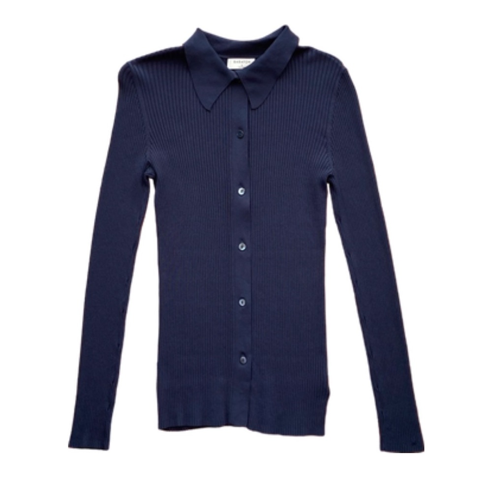 Babaton Aritzia ribbed long sleeve button-up cardigan sweater in navy blue